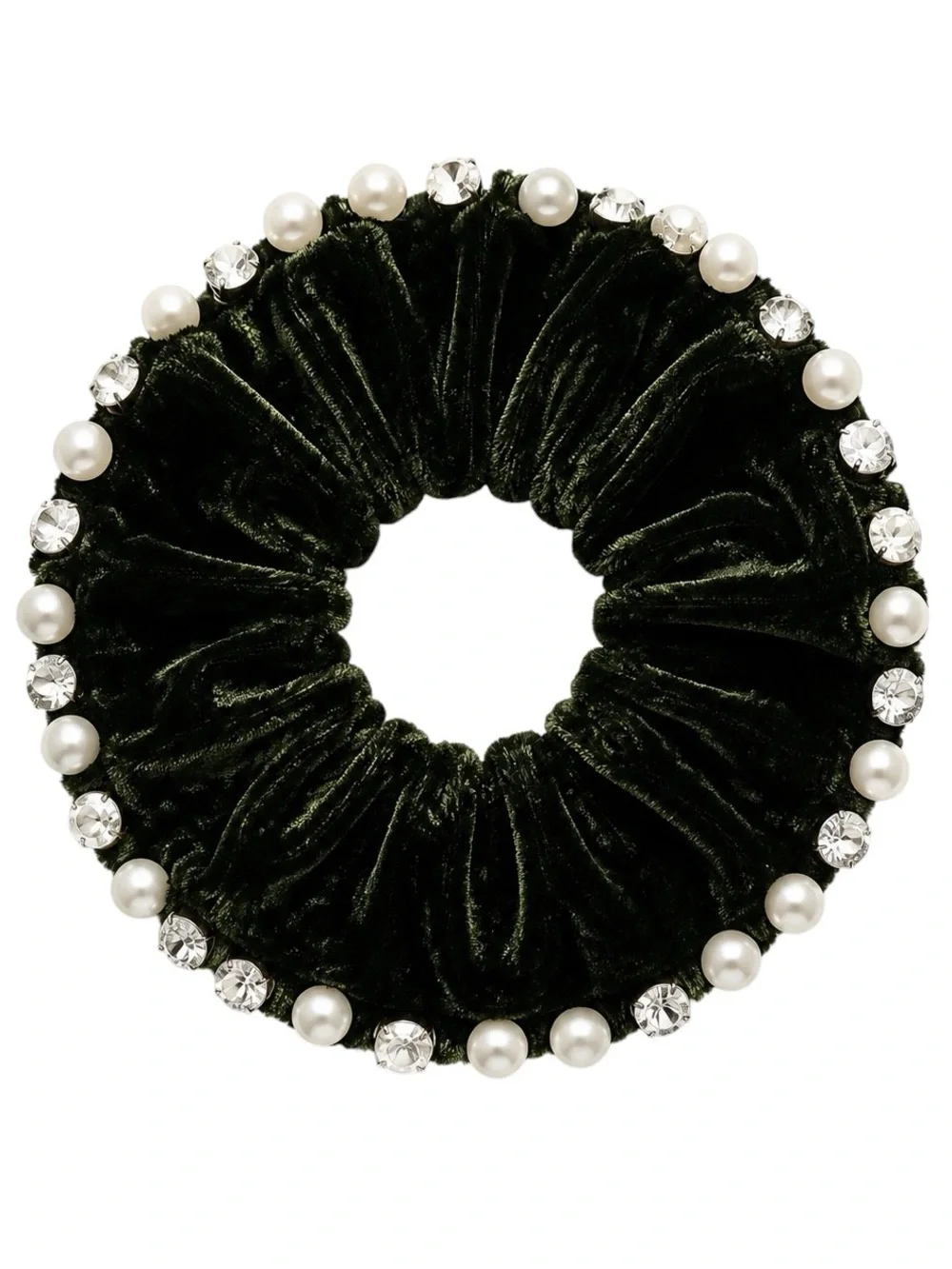 New Olive Green Velvet Allover White Pearl Rhinestone Comfy Scrunchie Hair Tie